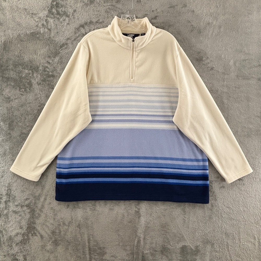 Lands' End 1/4 Quarter Zip Striped Fleece Pullover Womens 2X Blue‎ White Cream
